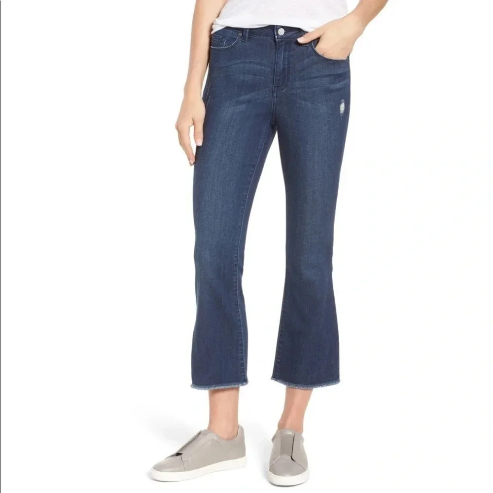 Halogen Cropped Kick Flare Jeans High Rise Frayed Ankle Distressed Dark Wash 28